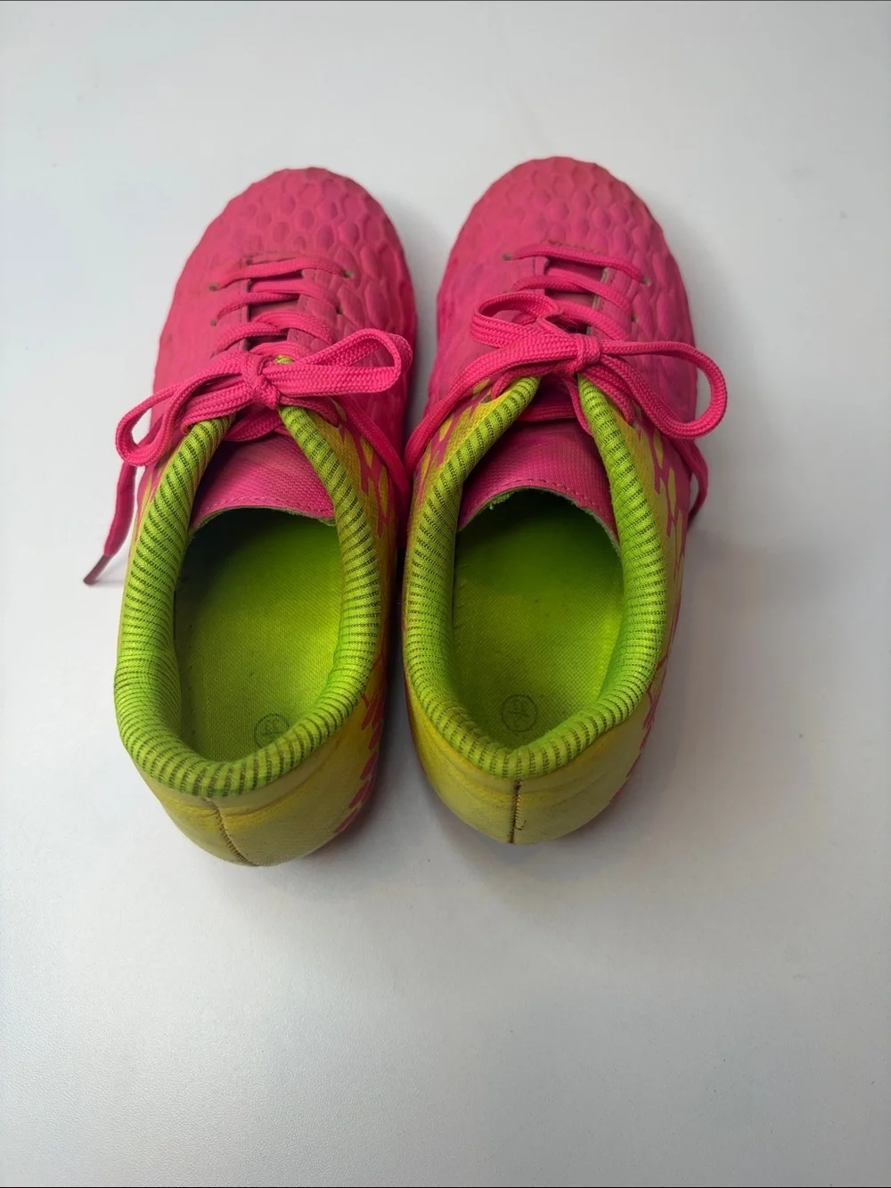 Bright Pink Athletic Cleats Shoes with Neon Yellow Back & Interior Kids size 2